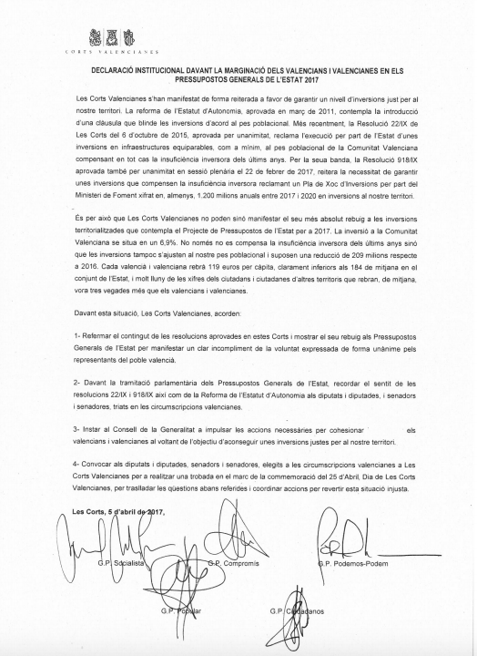 manifiesto Corts Valencianes Presupuestos Generales